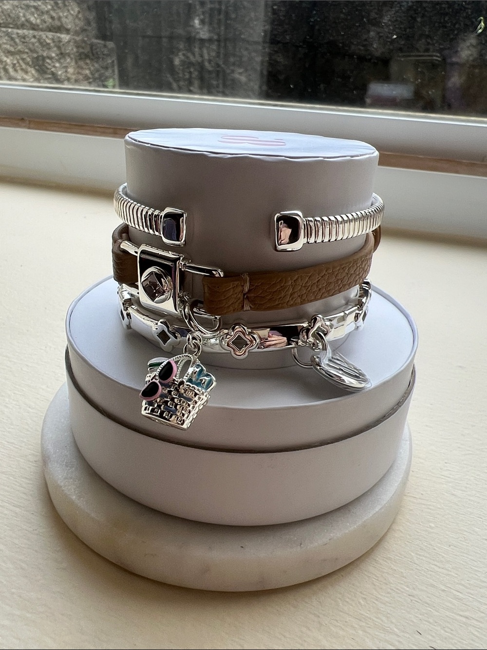 Bomb party let’s sail away Silver & Tan Bracelets spring stack